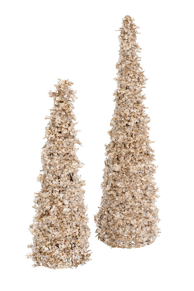 A pair of artificial crystal cone Christmas trees designed for tabletop decorations, available in champagne or silver colors.