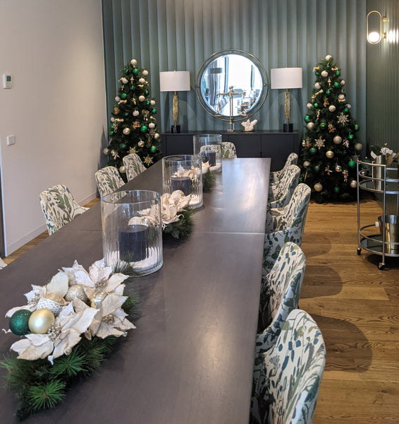 Decorated Christmas table centrepieces for hire in Melbourne. Artifical pine.
