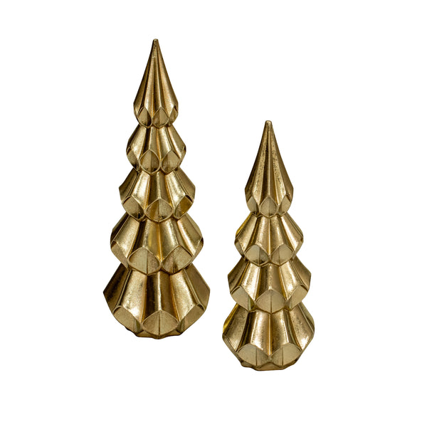 Two gold decorative tabletop trees with a geometric design.