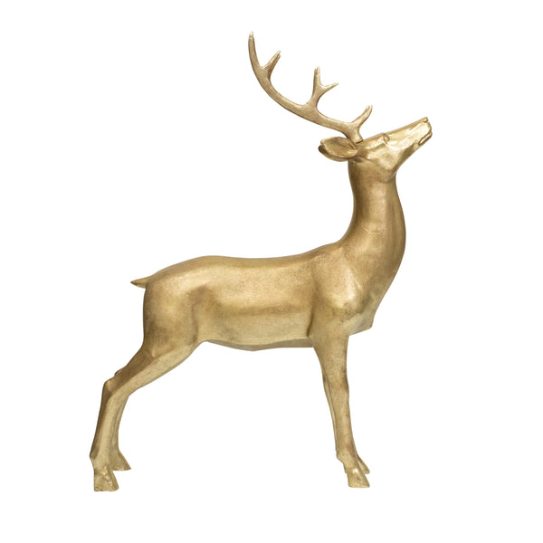 A large standing gold reindeer brings Christmas cheer to your home or office