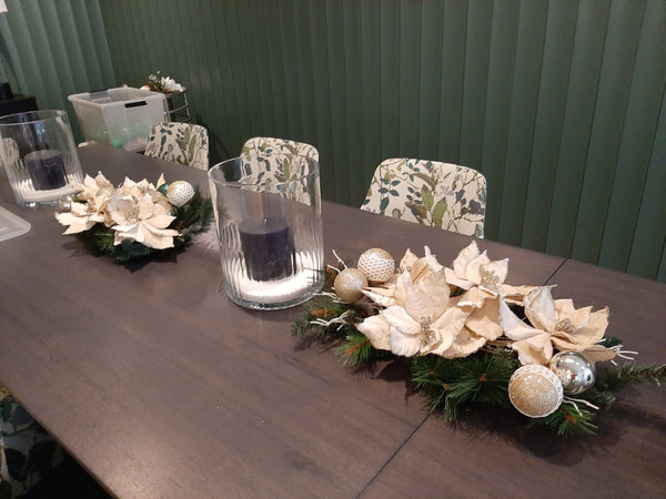 Pine decorated Christmas table centrepieces for hire in Melbourne
