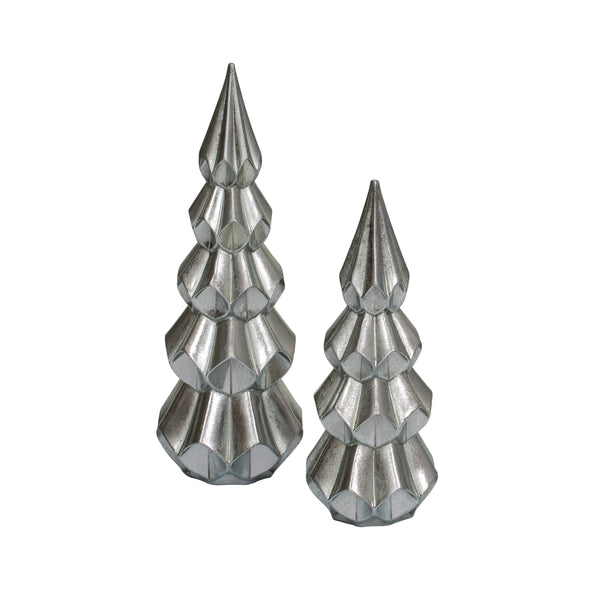 Two silver decorative tabletop trees with a geometric design.
