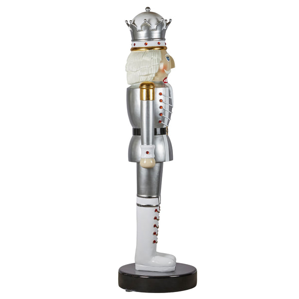 Side view of giant silver nutcracker for hire in Melbourne