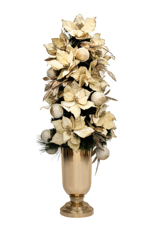 Urn tabletop Christmas tree in Champagne colours with poinsettias