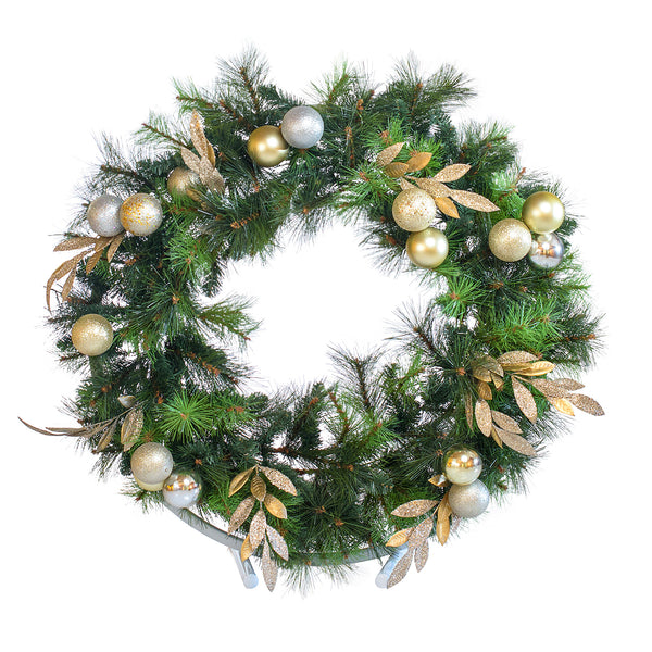 Professionally decorated Christmas wreath hire, on a white stand for tables, buffets, reception desks etc.